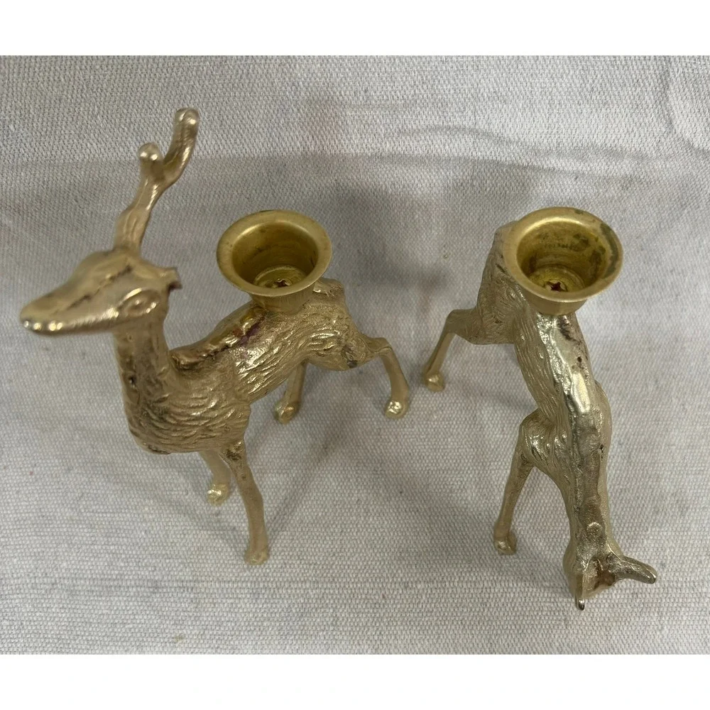 Vintage Brass Deer Candle Holder Set Gold Reindeer Buck Doe Christmas Decor 6in